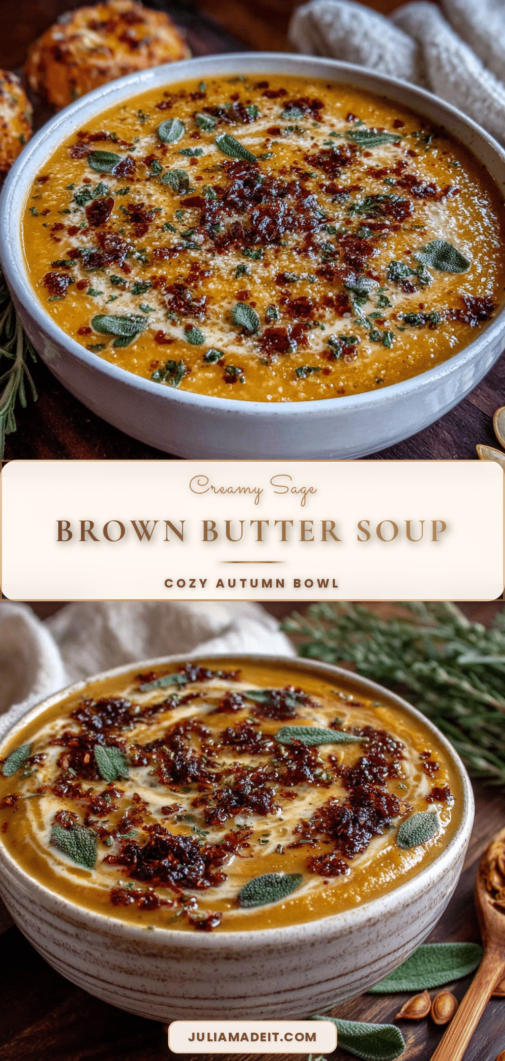 creamy butternut squash soup with sage brown butter recipe