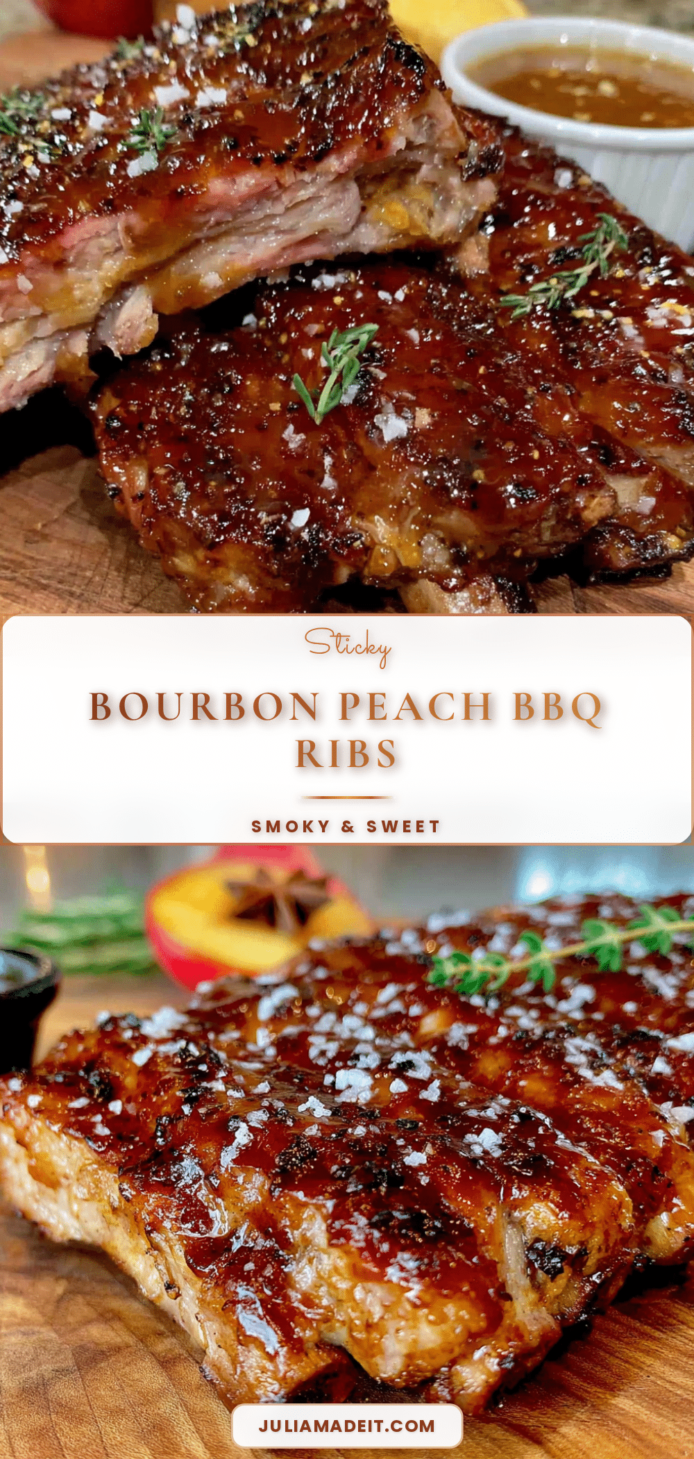 Sticky Bourbon Peach BBQ Ribs recipe